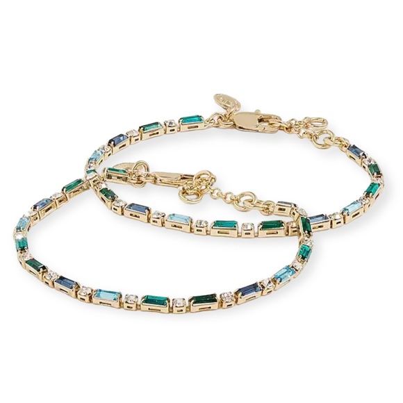 J. CREW Tennis Bracelets Baguette Round Crystal CZ Set of 2 Blue Green Clear NWT - Picture 5 of 5